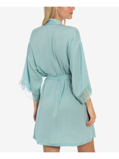 LINEA DONATELLA Intimates Turquoise Satin Lace-Trim Hammered Robe S\M