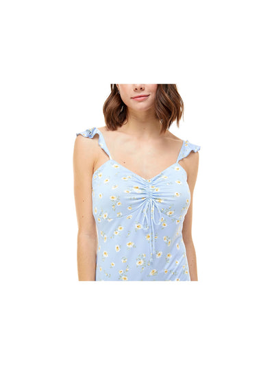 PLANET GOLD Womens Blue Stretch Ruffled Ruched Tie Jersey-knit Floral Sleeveless Sweetheart Neckline Short Party Sheath Dress M