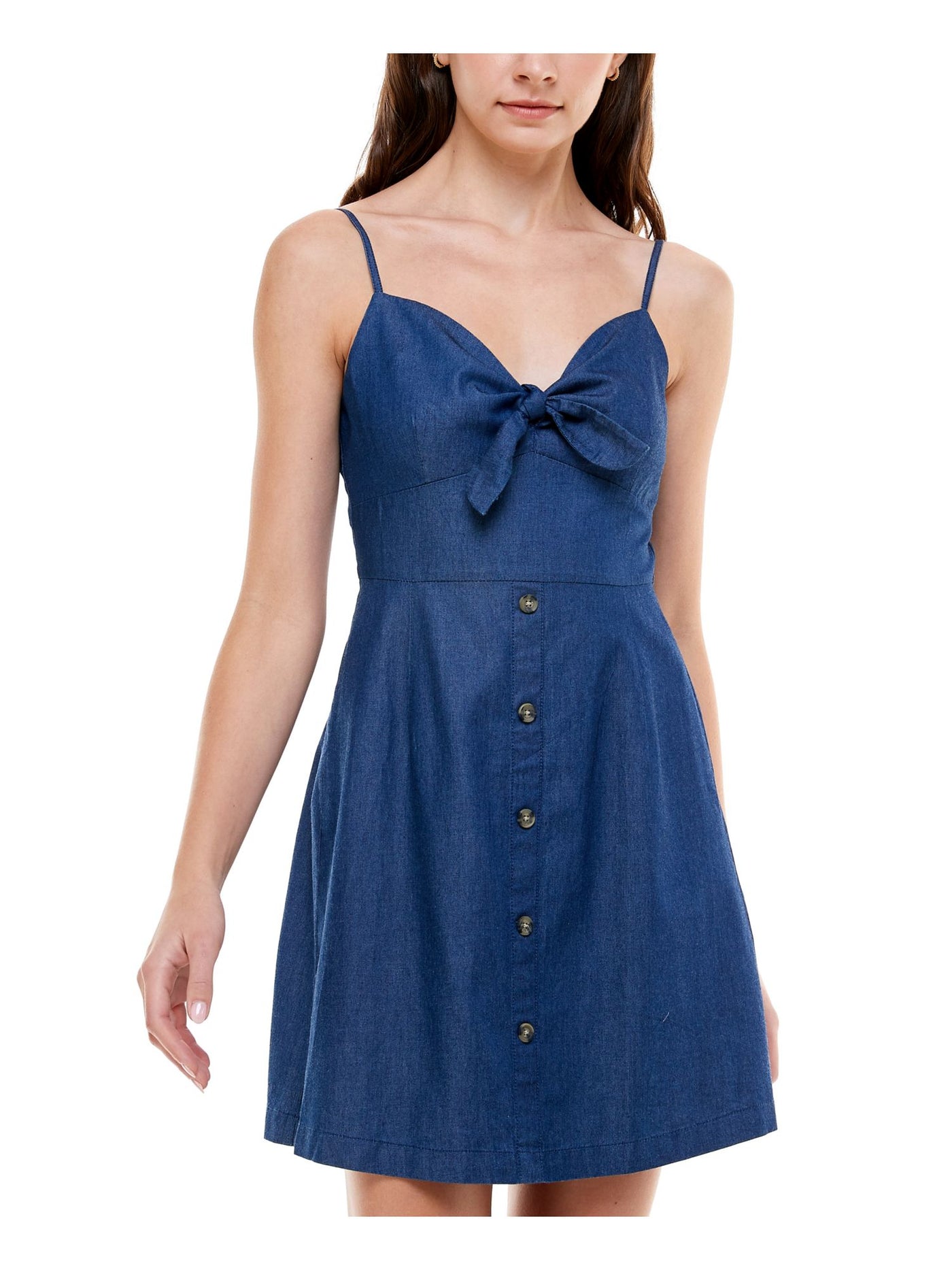Rosie Harlow Womens Denim Smocked Buttoned Bow-front Spaghetti Strap Sweetheart Neckline Short Fit + Flare Dress