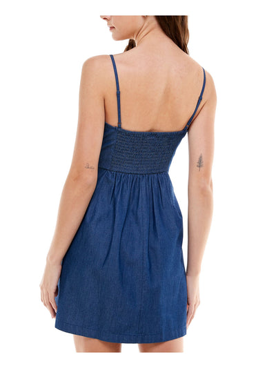 Rosie Harlow Womens Denim Smocked Buttoned Bow-front Spaghetti Strap Sweetheart Neckline Short Fit + Flare Dress