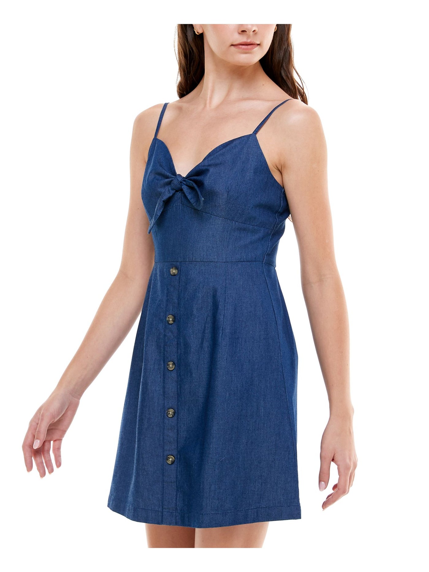 Rosie Harlow Womens Navy Denim Smocked Buttoned Bow-front Spaghetti Strap Sweetheart Neckline Short Fit + Flare Dress Juniors XS