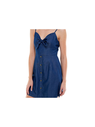 ROSIE HARLOW Womens Navy Denim Smocked Buttoned Bow-front Spaghetti Strap Sweetheart Neckline Short Fit + Flare Dress Juniors L