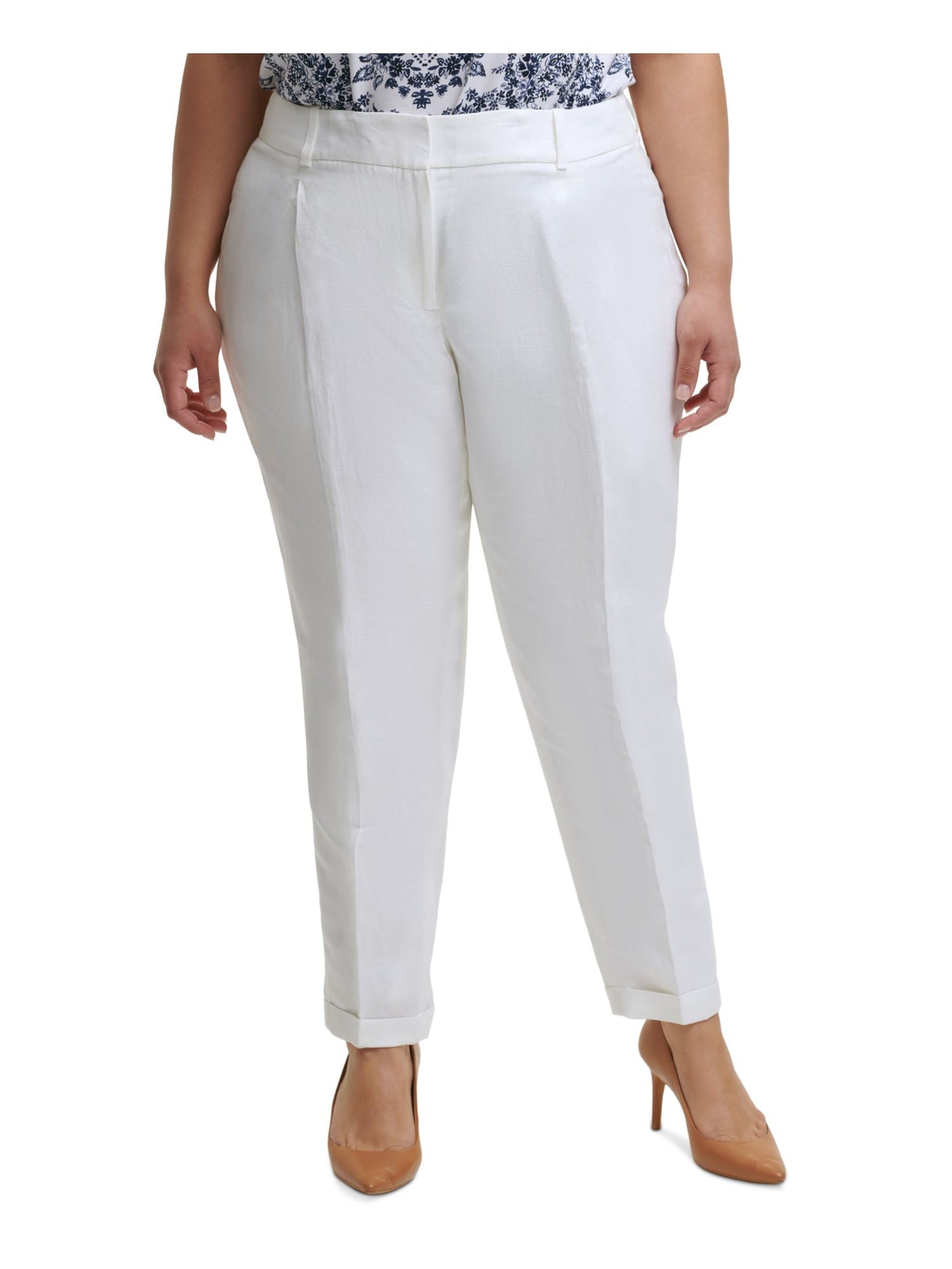 CALVIN KLEIN Womens White Zippered Pocketed Mid Rise Slim Leg Front-crease Wear To Work Cuffed Pants Plus 24W