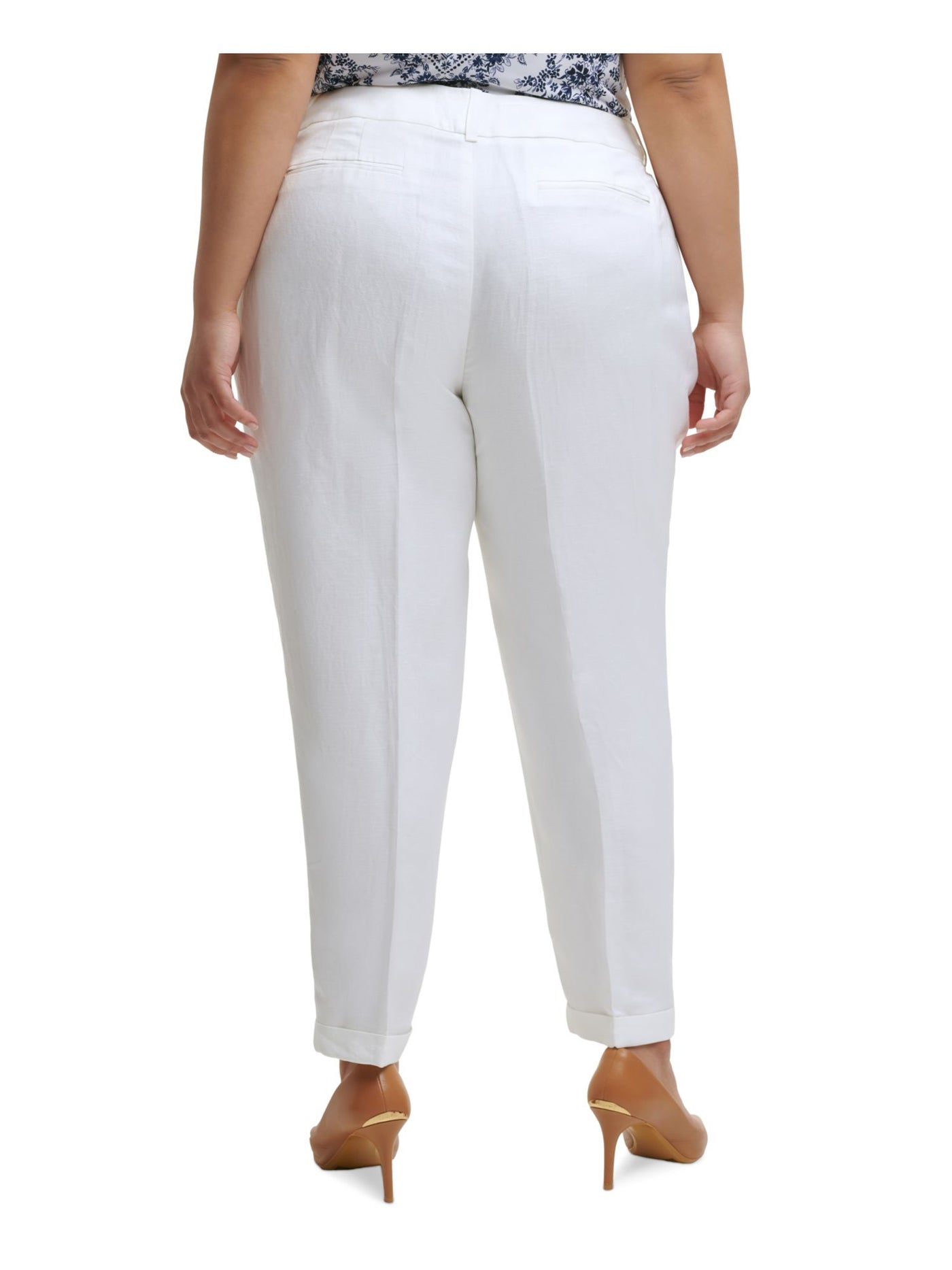 CALVIN KLEIN Womens White Zippered Pocketed Mid Rise Slim Leg Front-crease Wear To Work Cuffed Pants Plus 24W