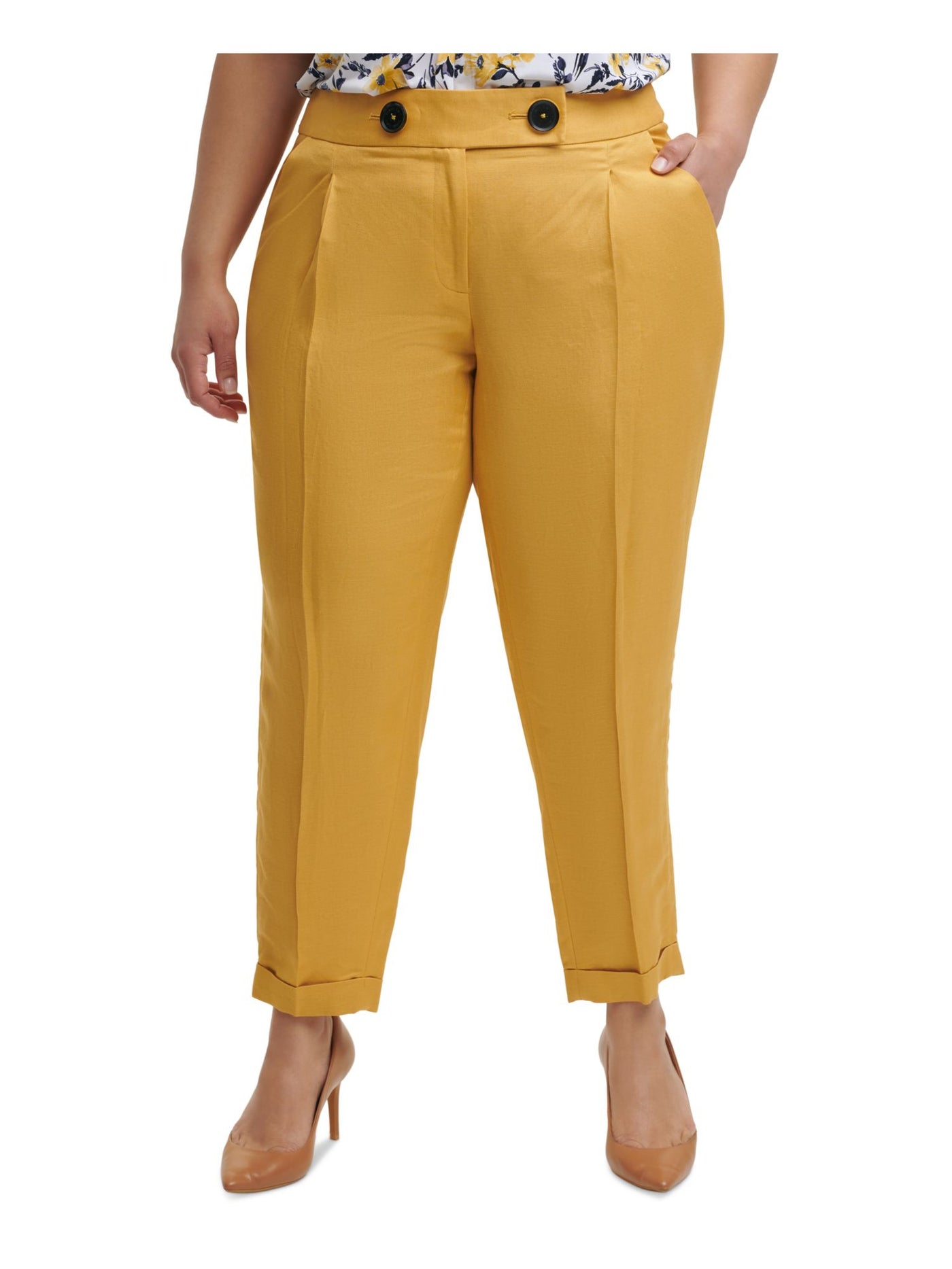CALVIN KLEIN Womens Yellow Zippered Pocketed Creased Pleated Wear To Work Cuffed Pants Plus 20W