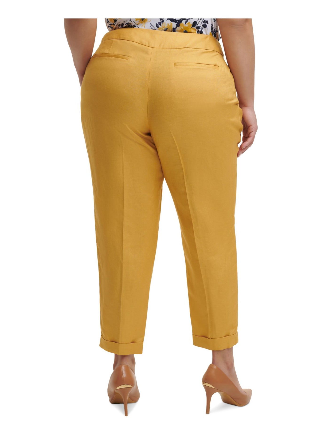 CALVIN KLEIN Womens Yellow Zippered Pocketed Creased Pleated Wear To Work Cuffed Pants Plus 20W