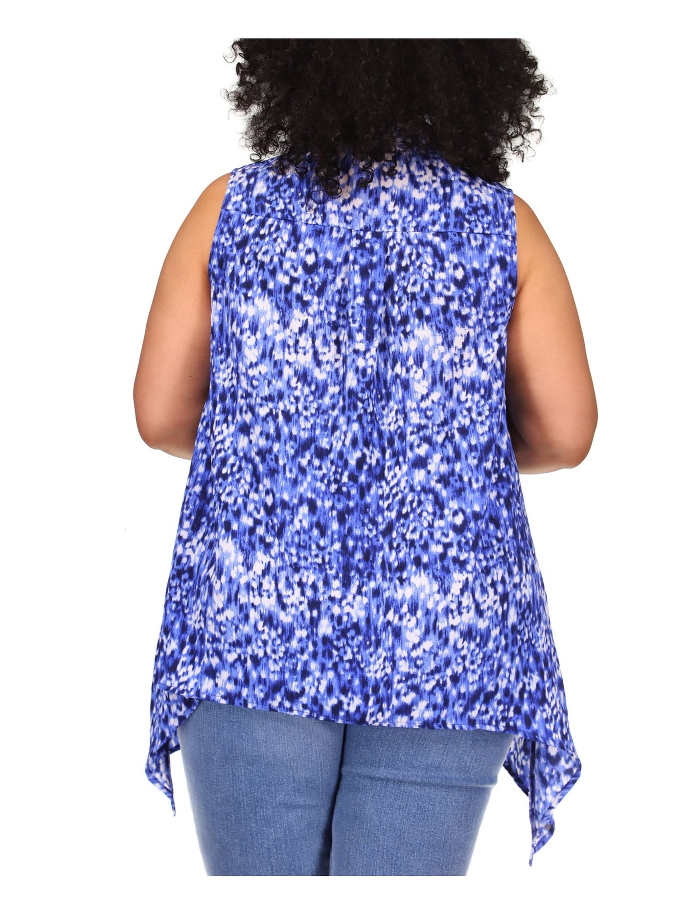 MICHAEL MICHAEL KORS Womens Blue Printed Sleeveless Point Collar Handkerchief Top Plus 1X