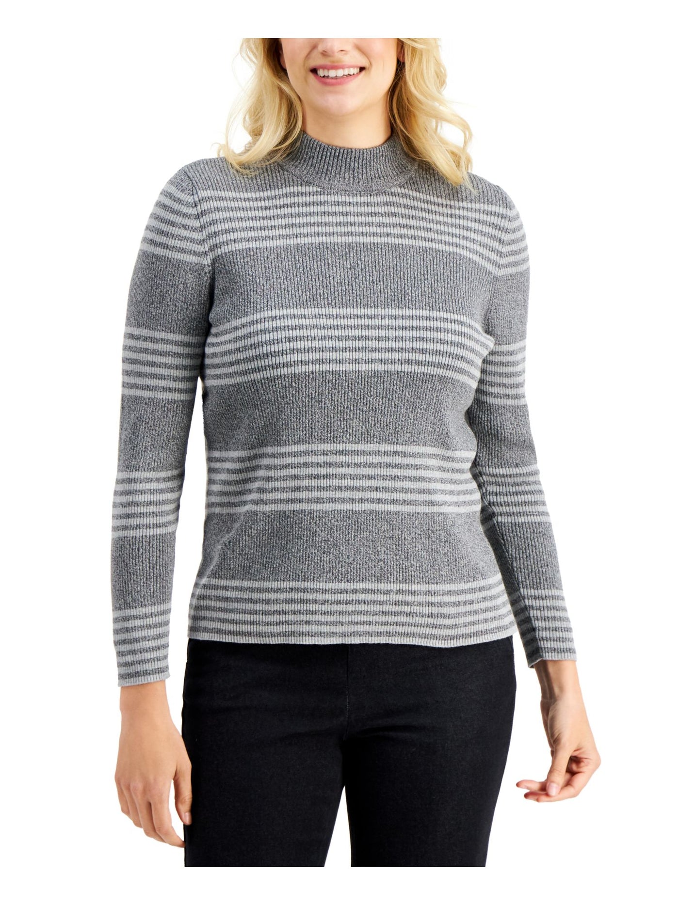 KAREN SCOTT Womens Gray Stretch Ribbed Striped Long Sleeve Mock Neck Sweater XL