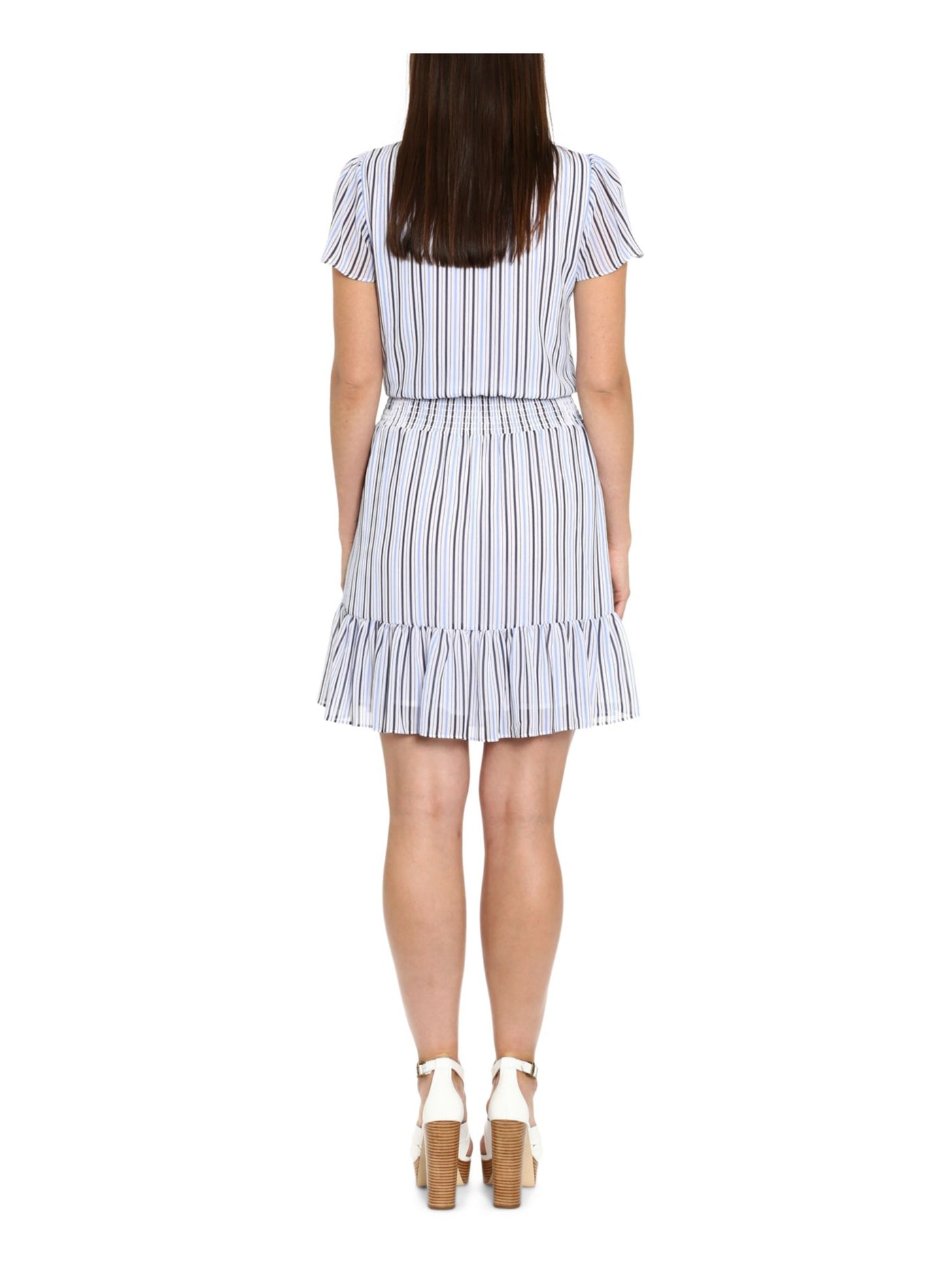 MICHAEL MICHAEL KORS Womens White Ruffled Smocked Textured Sheer Lined Striped Short Sleeve Surplice Neckline Above The Knee Faux Wrap Dress Petites P\M