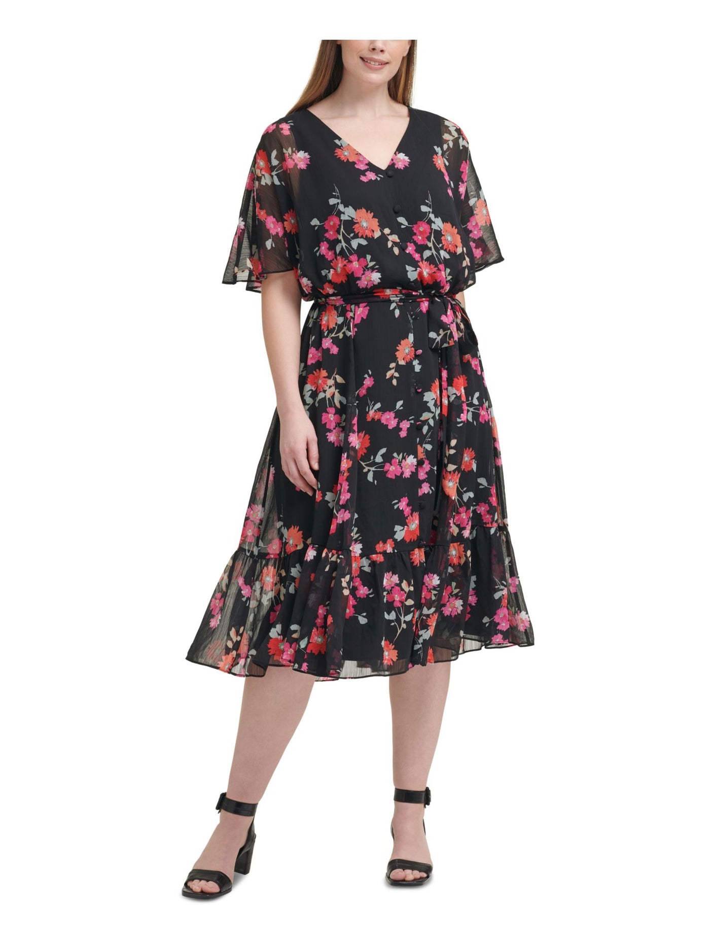 CALVIN KLEIN Womens Black Zippered Tie Hook And Eye Closure Floral Flutter Sleeve V Neck Below The Knee Evening Fit + Flare Dress Plus 20W