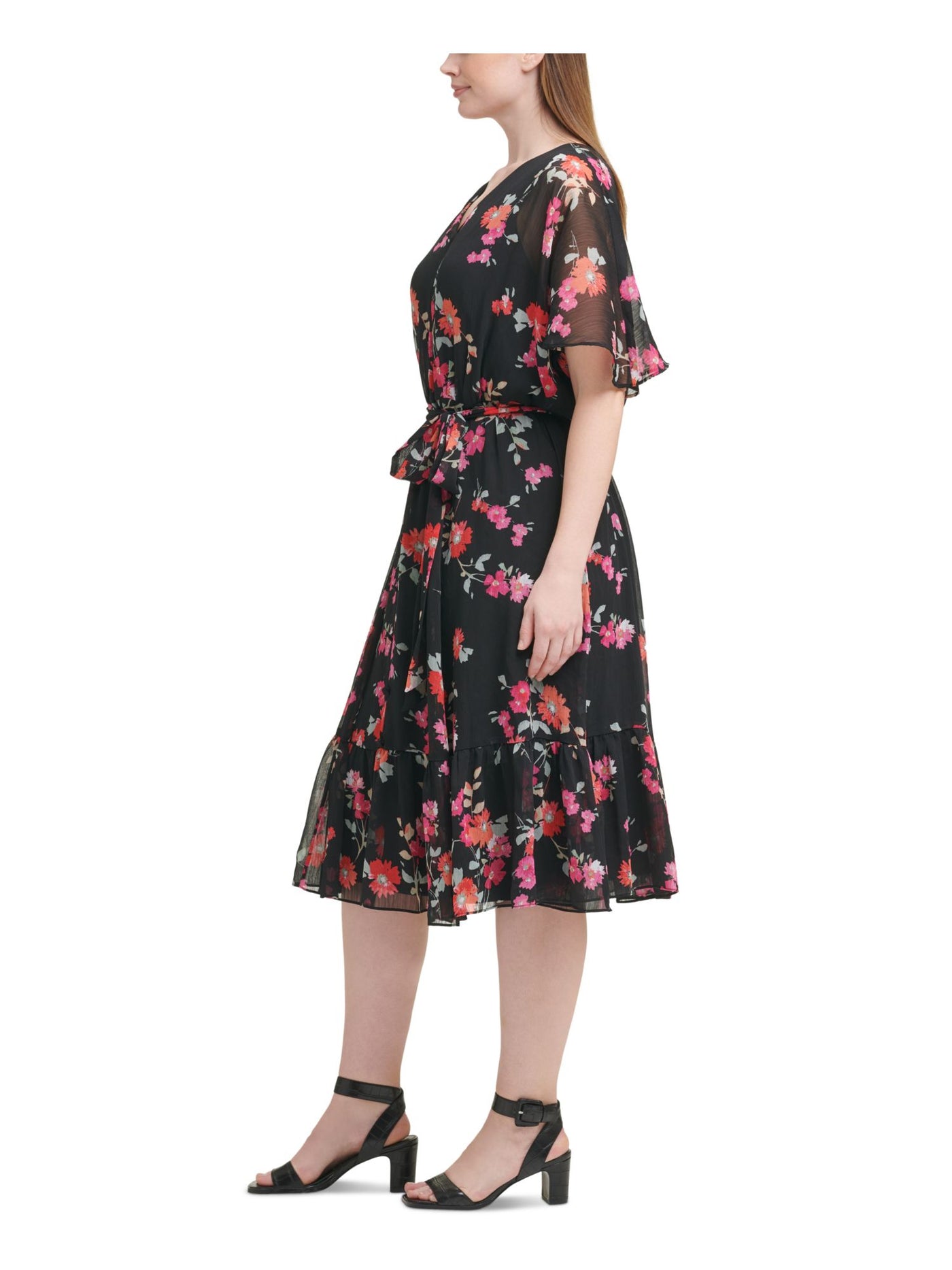 CALVIN KLEIN Womens Black Zippered Tie Hook And Eye Closure Floral Flutter Sleeve V Neck Below The Knee Evening Fit + Flare Dress Plus 20W