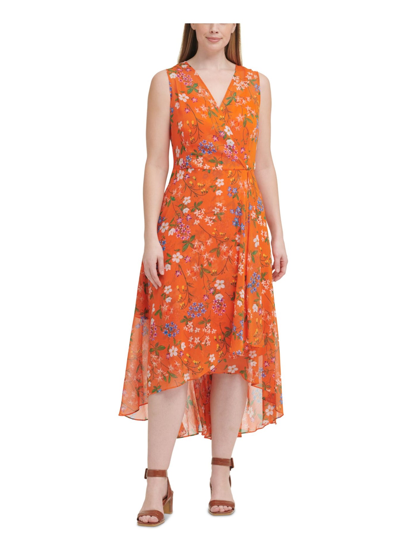 CALVIN KLEIN Womens Orange Zippered Sheer Keyhole Back Hi-lo Hem Lined Floral Sleeveless Surplice Neckline Maxi Wear To Work Faux Wrap Dress Plus 22W