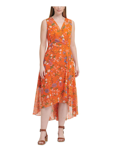 CALVIN KLEIN Womens Orange Zippered Sheer Keyhole Back Hi-lo Hem Lined Floral Sleeveless Surplice Neckline Maxi Wear To Work Faux Wrap Dress Plus 20W