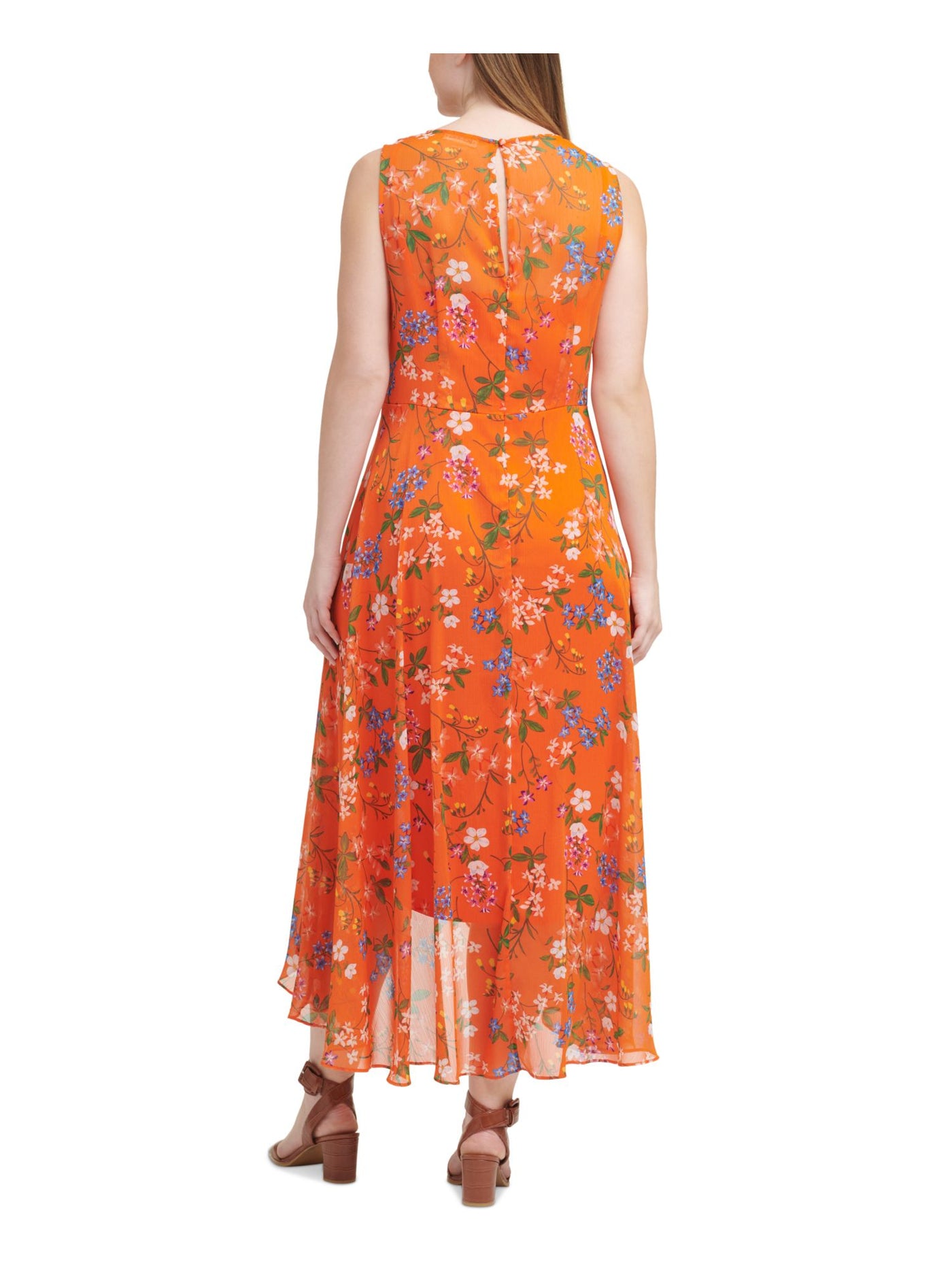 CALVIN KLEIN Womens Orange Zippered Sheer Keyhole Back Hi-lo Hem Lined Floral Sleeveless Surplice Neckline Maxi Wear To Work Faux Wrap Dress Plus 22W