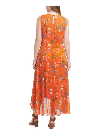 CALVIN KLEIN Womens Orange Zippered Sheer Keyhole Back Hi-lo Hem Lined Floral Sleeveless Surplice Neckline Maxi Wear To Work Faux Wrap Dress Plus 20W