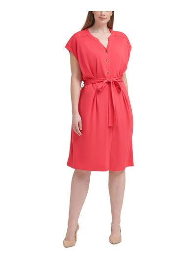 CALVIN KLEIN Womens Pink Stretch Belted Button-front Unlined Cap Sleeve Split Knee Length Wear To Work Shirt Dress Plus 20W