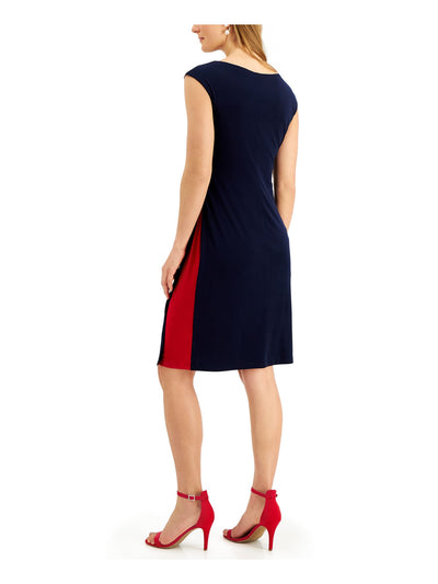 CONNECTED APPAREL Womens Navy Stretch Ruched Color Block Cap Sleeve Scoop Neck Above The Knee Party Fit + Flare Dress 14
