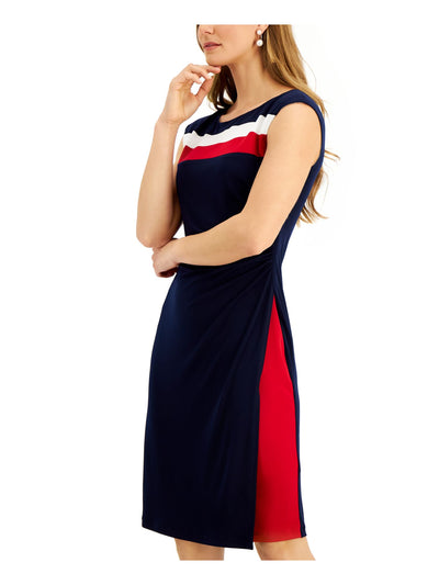 CONNECTED APPAREL Womens Navy Stretch Ruched Color Block Cap Sleeve Scoop Neck Above The Knee Party Fit + Flare Dress 14