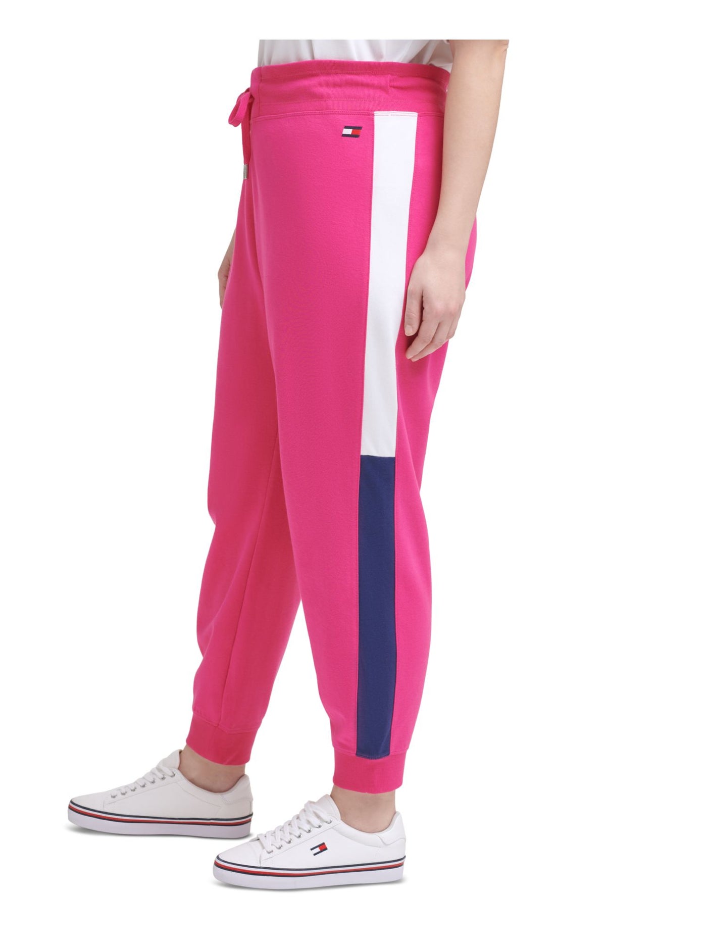 TOMMY HILFIGER Womens Pink Stretch Tie Ribbed Sweatpants Drawstring Varsity Pa Color Block Pants Plus 2X