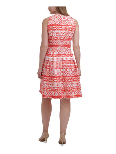 JESSICA HOWARD Womens Coral Stretch Zippered Pleated Printed Sleeveless Jewel Neck Above The Knee Party Fit + Flare Dress Plus 22W