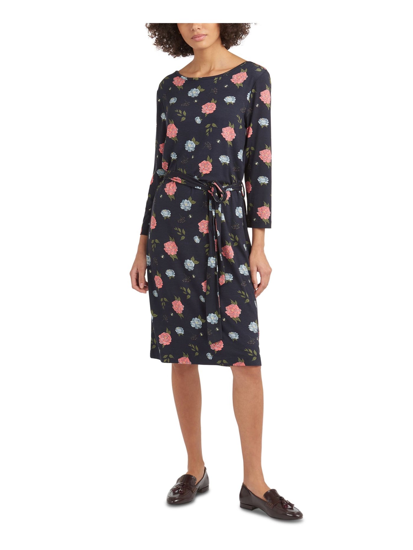 BARBOUR Womens Navy Stretch Floral 3/4 Sleeve Jewel Neck Above The Knee Wear To Work Sheath Dress 6