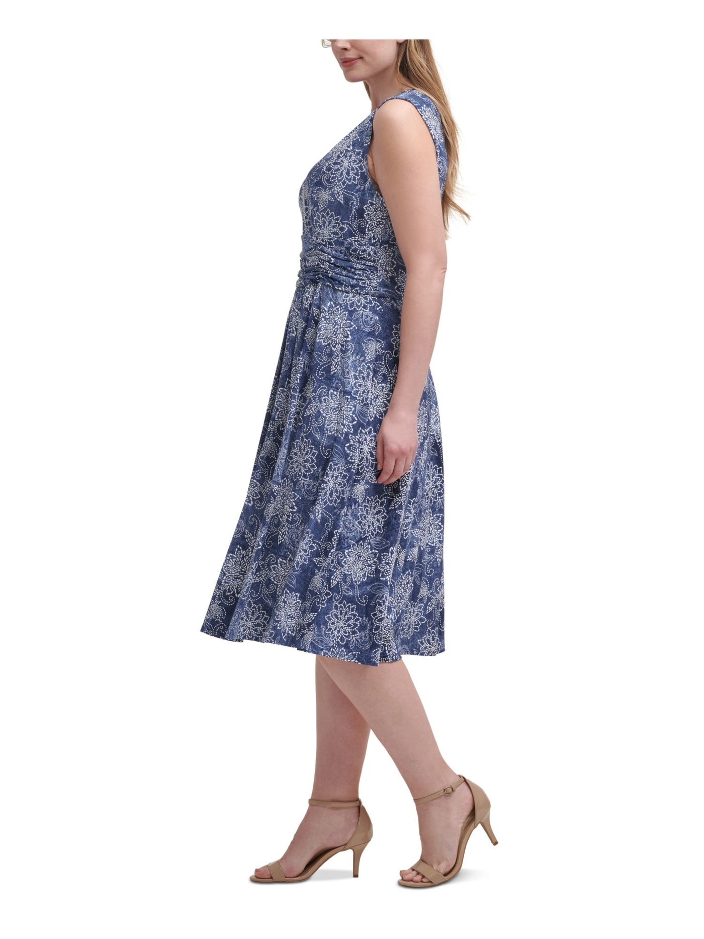 JESSICA HOWARD Womens Blue Stretch Ruched Zippered Printed V Neck Below The Knee Wear To Work Fit + Flare Dress Plus 24W