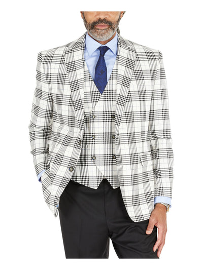 TAYION BY MONTEE HOLLAND Mens White Single Breasted, Plaid Classic Fit Performance Stretch Suit Separate Blazer Jacket 36R