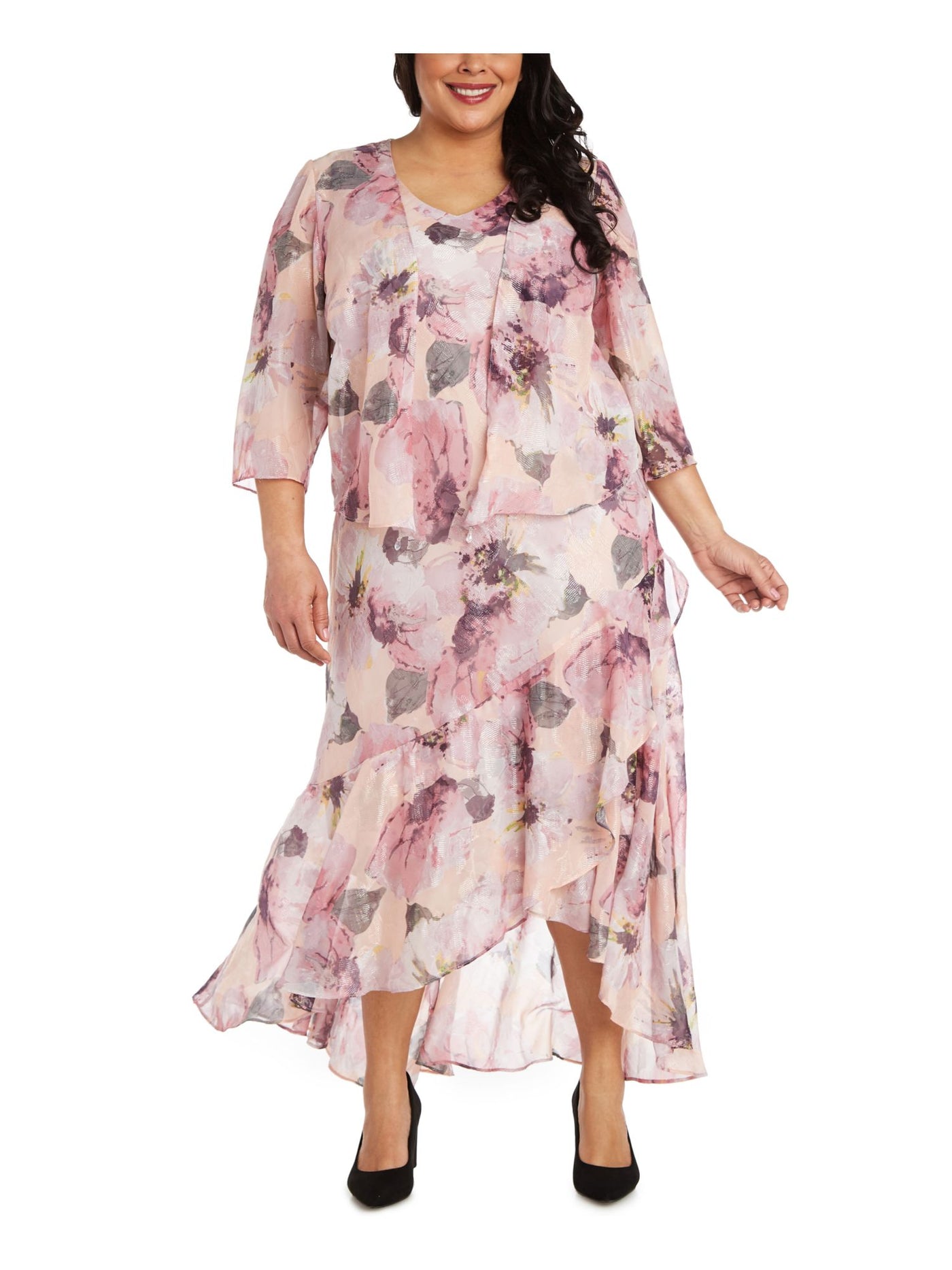 R&M RICHARDS Womens Pink Sheer Open Front Jacket 3/4 Sleeves Floral Sleeveless V Neck Maxi Party Hi-Lo Dress Plus 22W