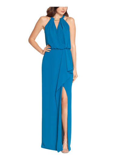 XSCAPE Womens Teal Zippered Ruffled Blouson Slit Chiffon Hardware Sleeveless Halter Full-Length Evening Gown Dress 2