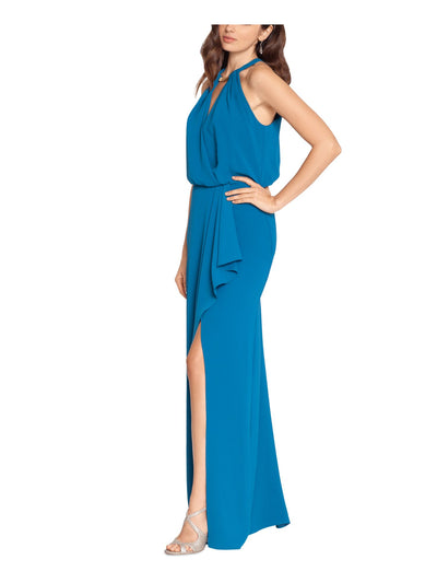 XSCAPE Womens Zippered Ruffled Blouson Slit Chiffon Hardware Sleeveless Halter Full-Length Evening Gown Dress
