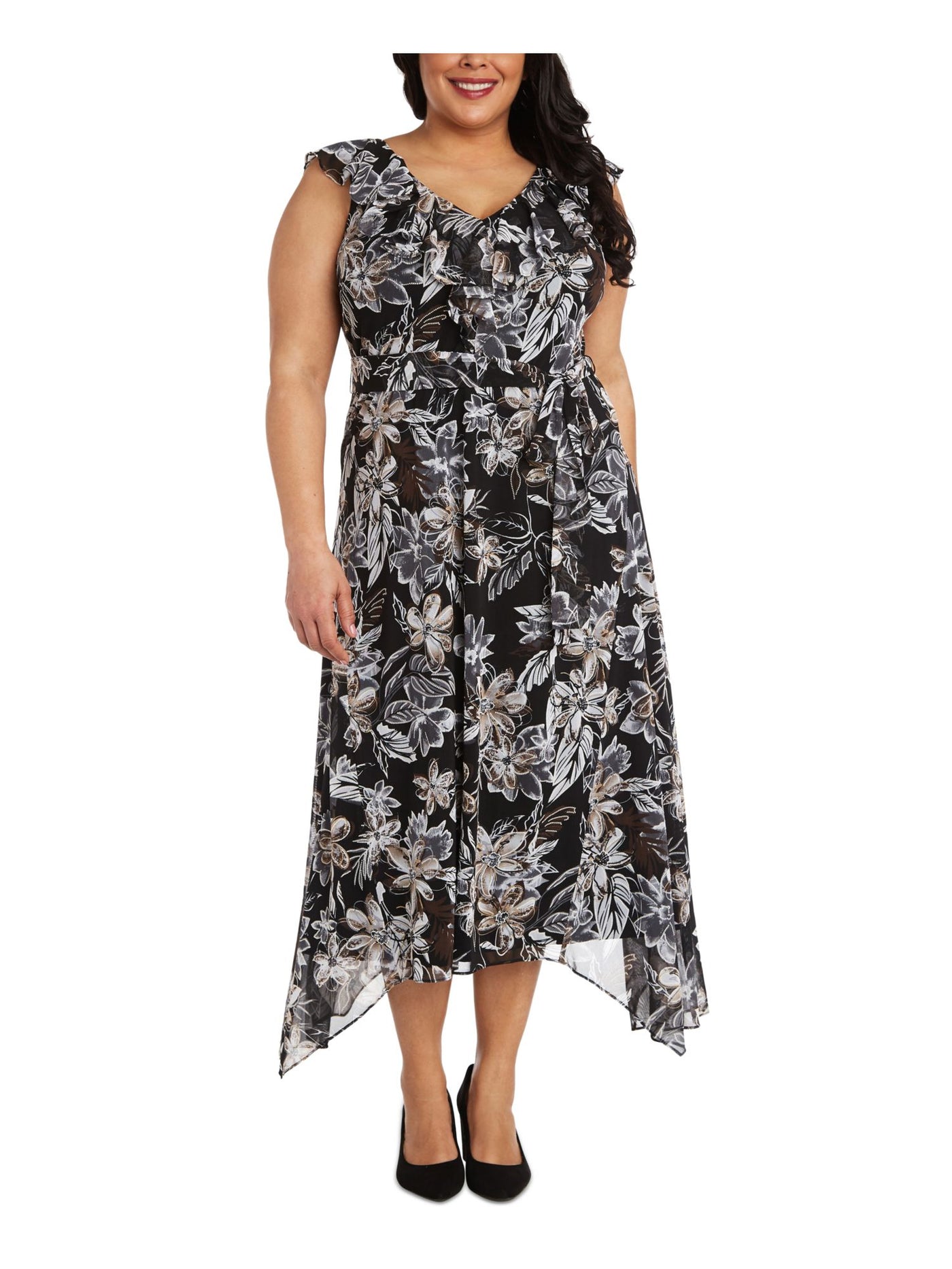 R&M RICHARDS Womens Black Stretch Ruffled Textured Handkerchief-hem Tie Floral Cap Sleeve V Neck Maxi Party Fit + Flare Dress Plus 20W