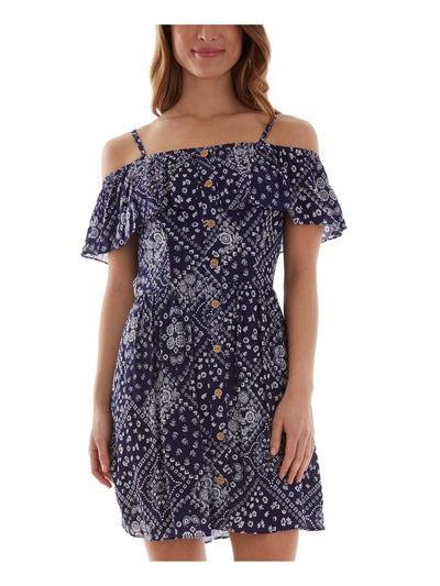 BCX DRESS Womens Blue Tie Ruffled Top Button Front Printed Flutter Sleeve Collarless Above The Knee Party Fit + Flare Dress XS