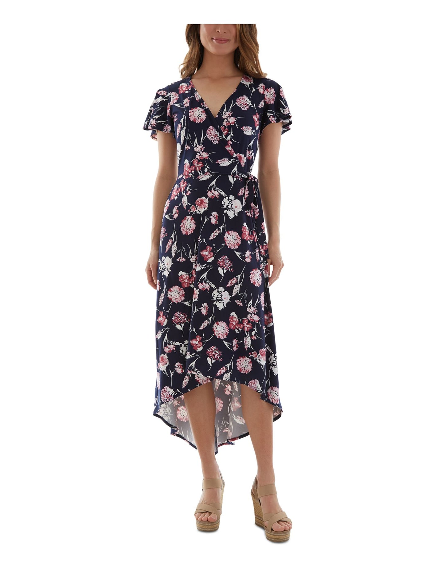 BCX DRESS Womens Navy Tie Hi-lo Hem Floral Short Sleeve Surplice Neckline Midi Faux Wrap Dress Juniors XS