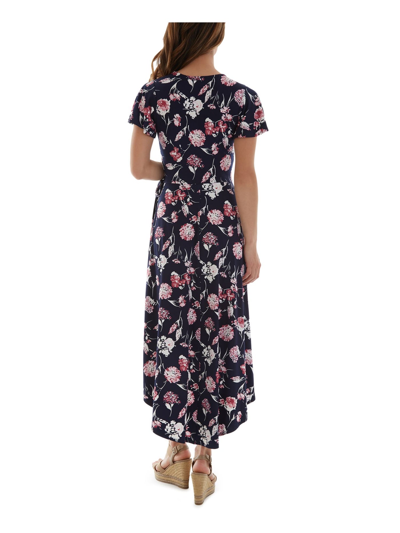 BCX DRESS Womens Navy Tie Hi-lo Hem Floral Short Sleeve Surplice Neckline Midi Faux Wrap Dress XXS