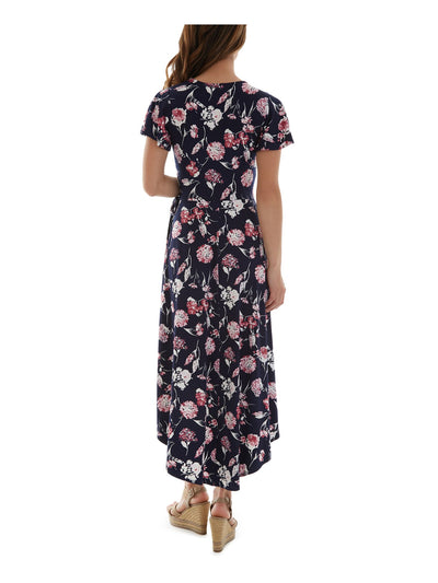 BCX DRESS Womens Navy Tie Hi-lo Hem Floral Short Sleeve Surplice Neckline Midi Faux Wrap Dress XXS