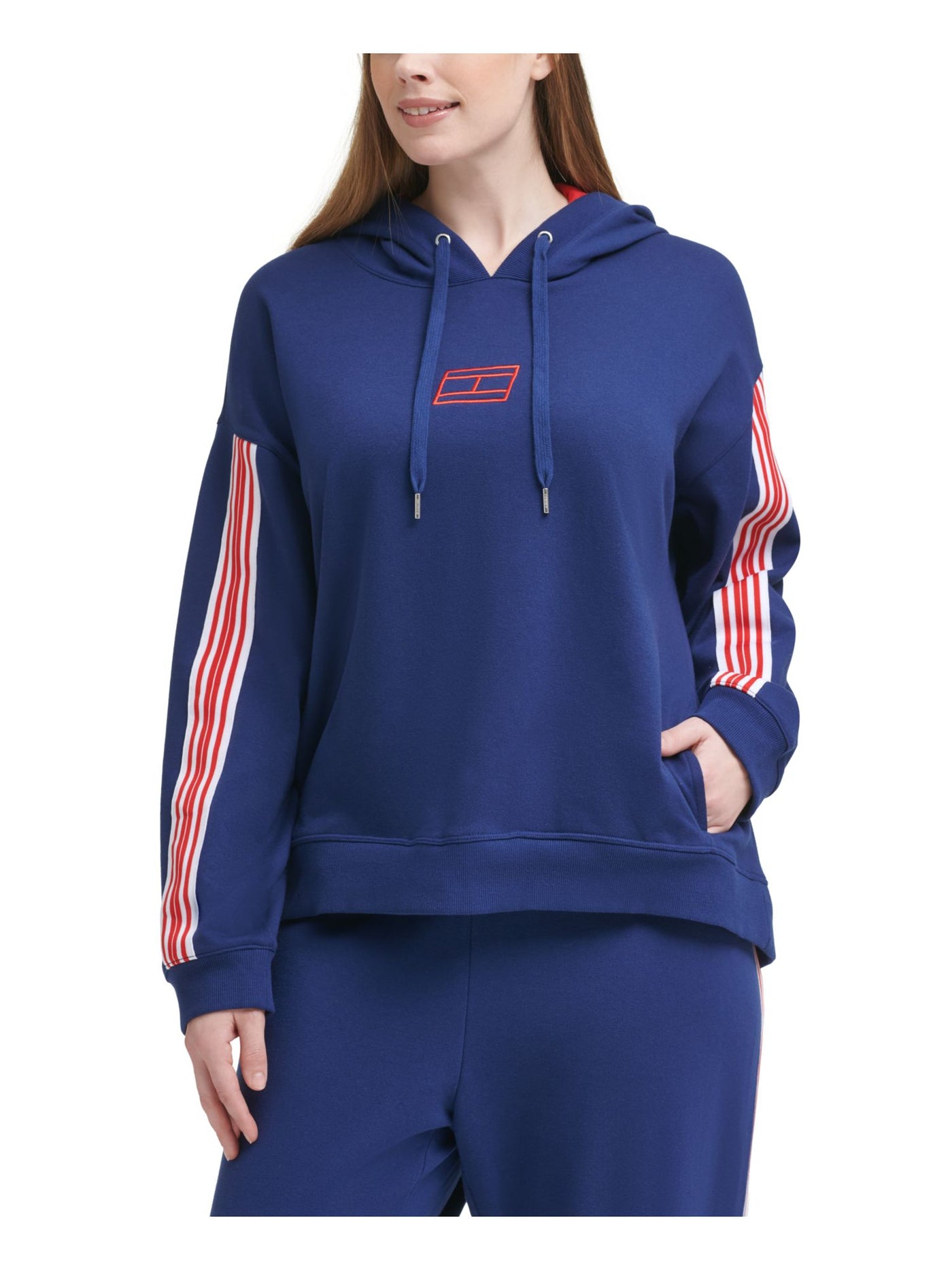 TOMMY HILFIGER SPORT Womens Navy Embroidered Ribbed Drawstring Pocketed Logo Graphic Long Sleeve Active Wear Hoodie Top Plus 3X