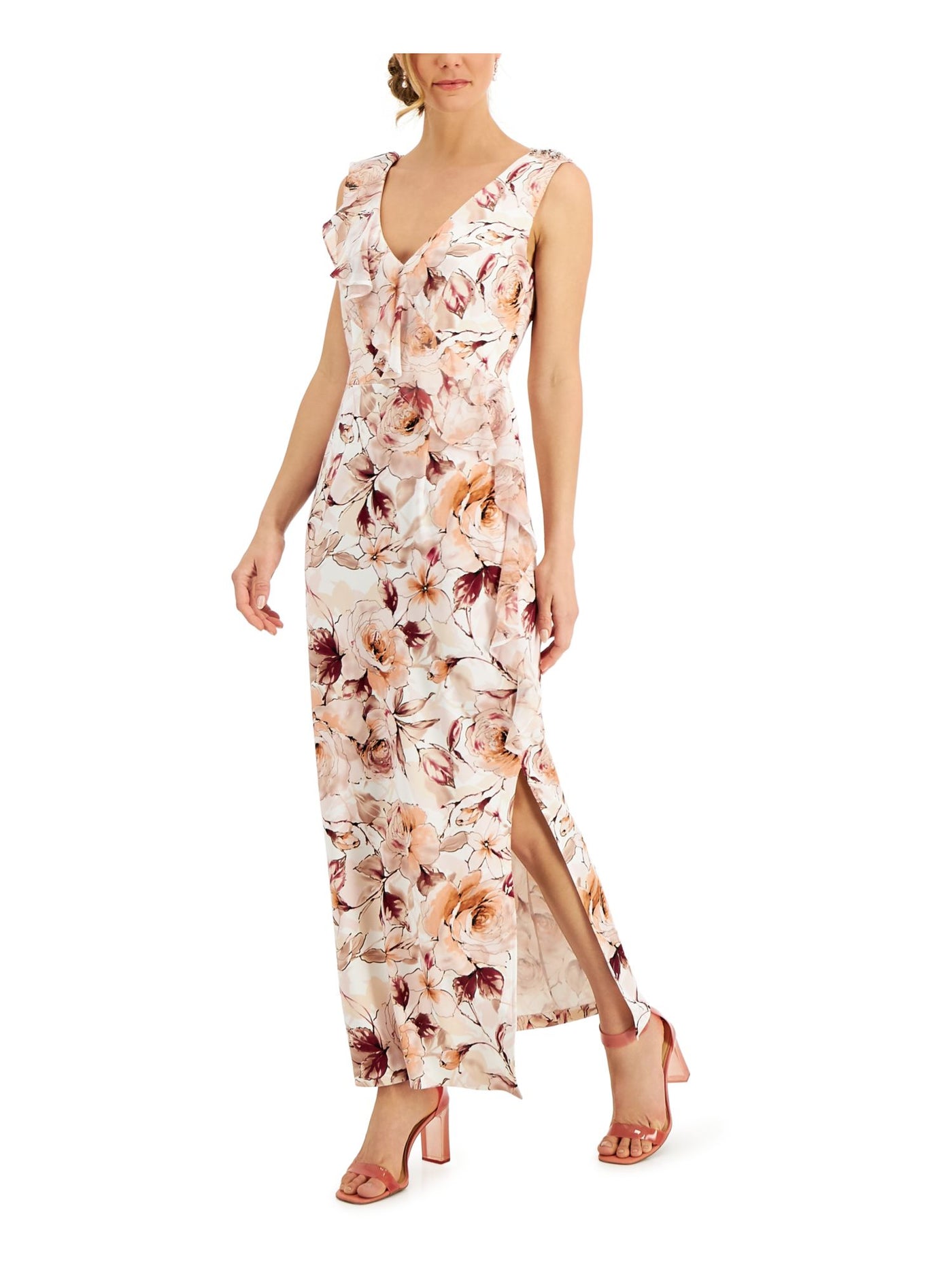 CONNECTED APPAREL Womens Beige Stretch Zippered Ruffled Slit Scuba Floral Sleeveless V Neck Maxi Cocktail Sheath Dress 4