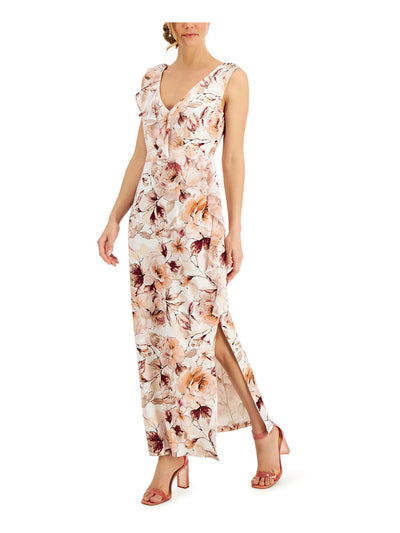 CONNECTED APPAREL Womens Beige Stretch Zippered Ruffled Slit Scuba Floral Sleeveless V Neck Maxi Cocktail Sheath Dress 10