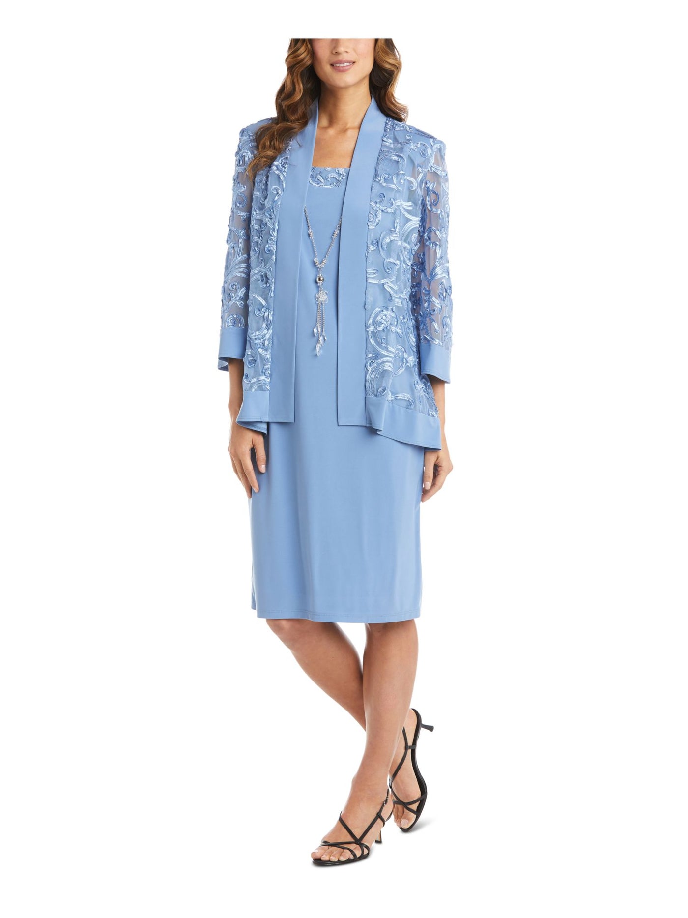 R&M RICHARDS Womens Light Blue Embroidered Open Front Floral Wear To Work Duster Jacket 6