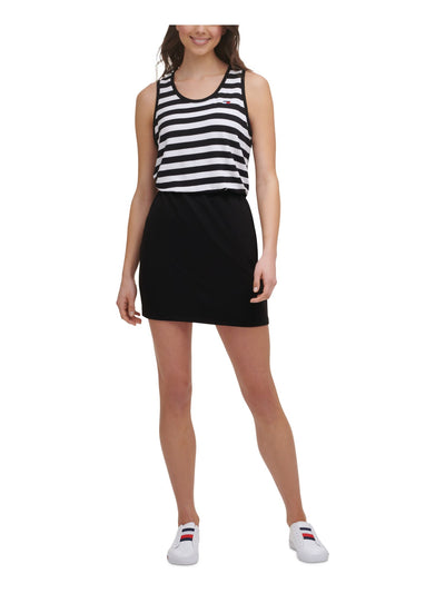 TOMMY HILFIGER SPORT Womens Black Stretch Striped Sleeveless Scoop Neck Mini Sheath Dress M