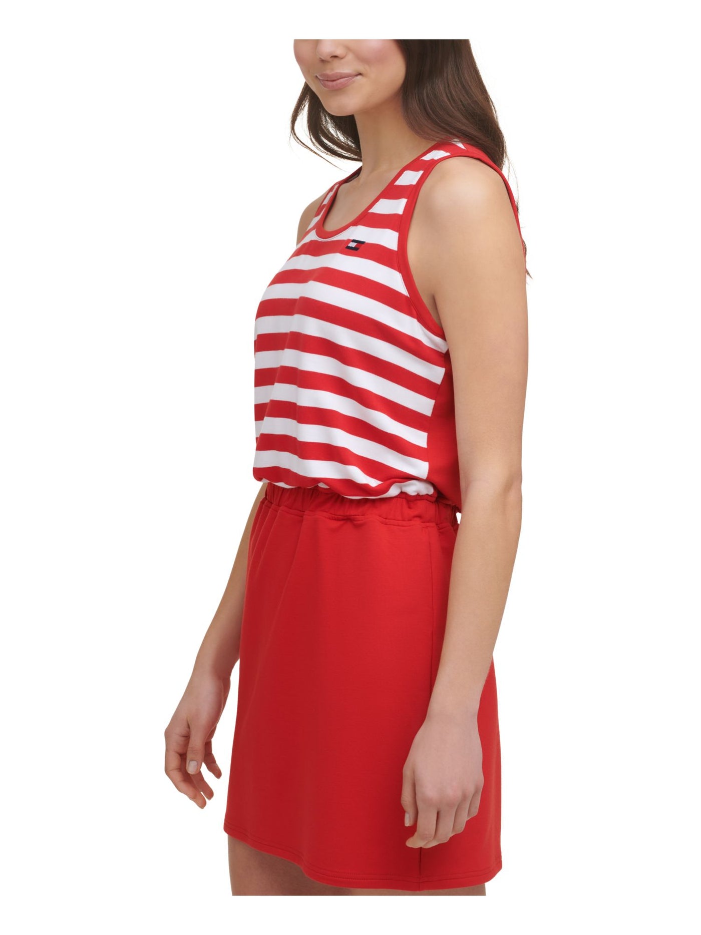 TOMMY HILFIGER SPORT Womens Red Stretch Embroidered Terry Cinched-waist Striped Sleeveless Scoop Neck Short Sheath Dress M