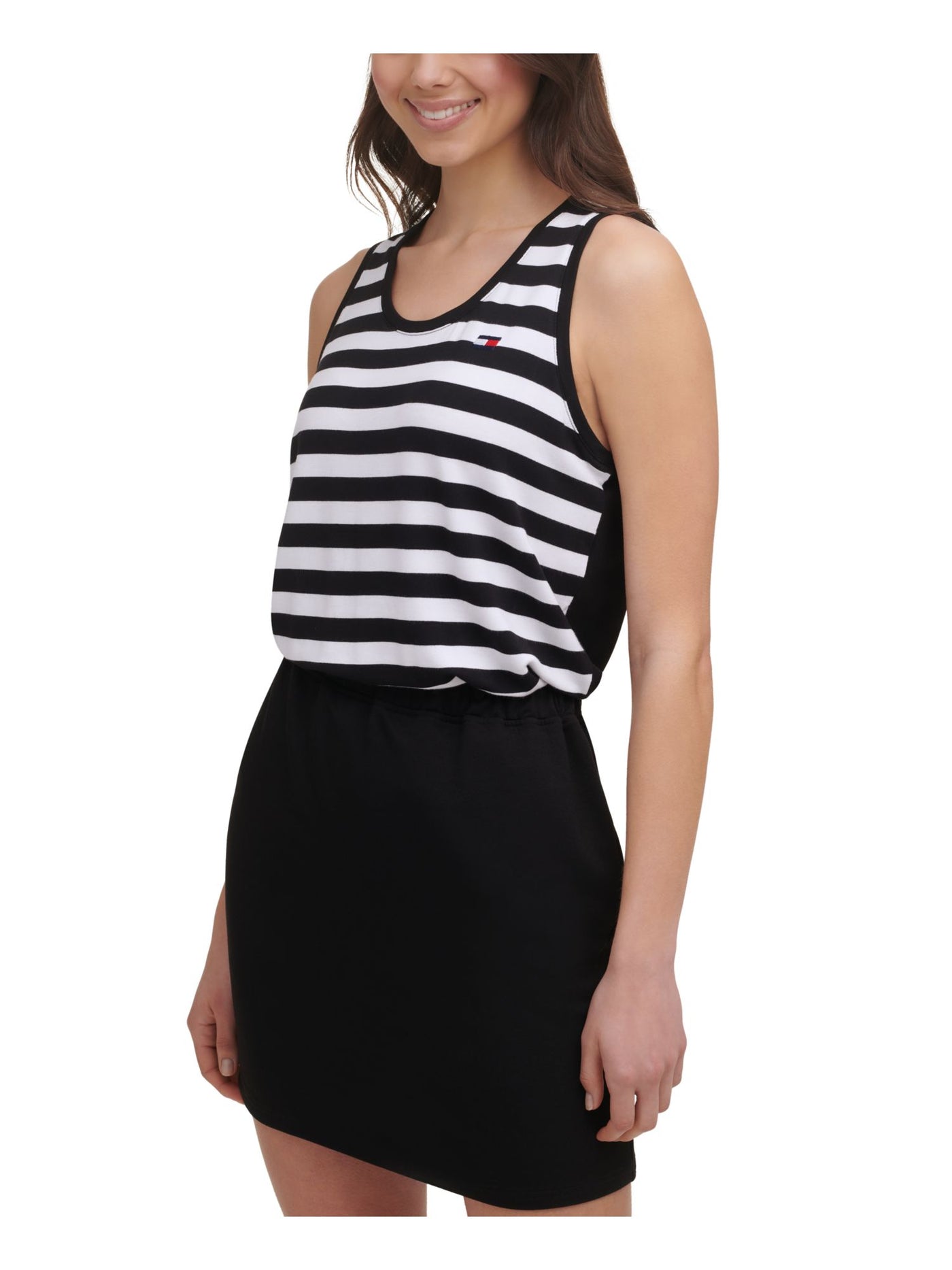 TOMMY HILFIGER SPORT Womens Black Stretch Embroidered Terry Cinched Elastic-waist Striped Sleeveless Scoop Neck Short Sheath Dress L