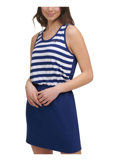 TOMMY HILFIGER Womens Blue Stretch Embroidered Terry Cinched-waist Striped Sleeveless Scoop Neck Short Sheath Dress XL