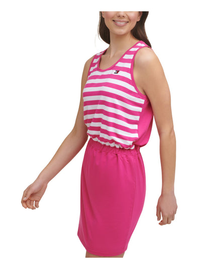 TOMMY HILFIGER SPORT Womens Pink Stretch Embroidered Baby Terry Cinched Elastic Waist Striped Sleeveless Scoop Neck Short Sheath Dress XS