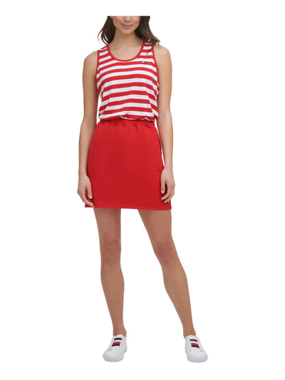 TOMMY HILFIGER SPORT Womens Red Stretch Embroidered Terry Cinched-waist Striped Sleeveless Scoop Neck Short Sheath Dress L