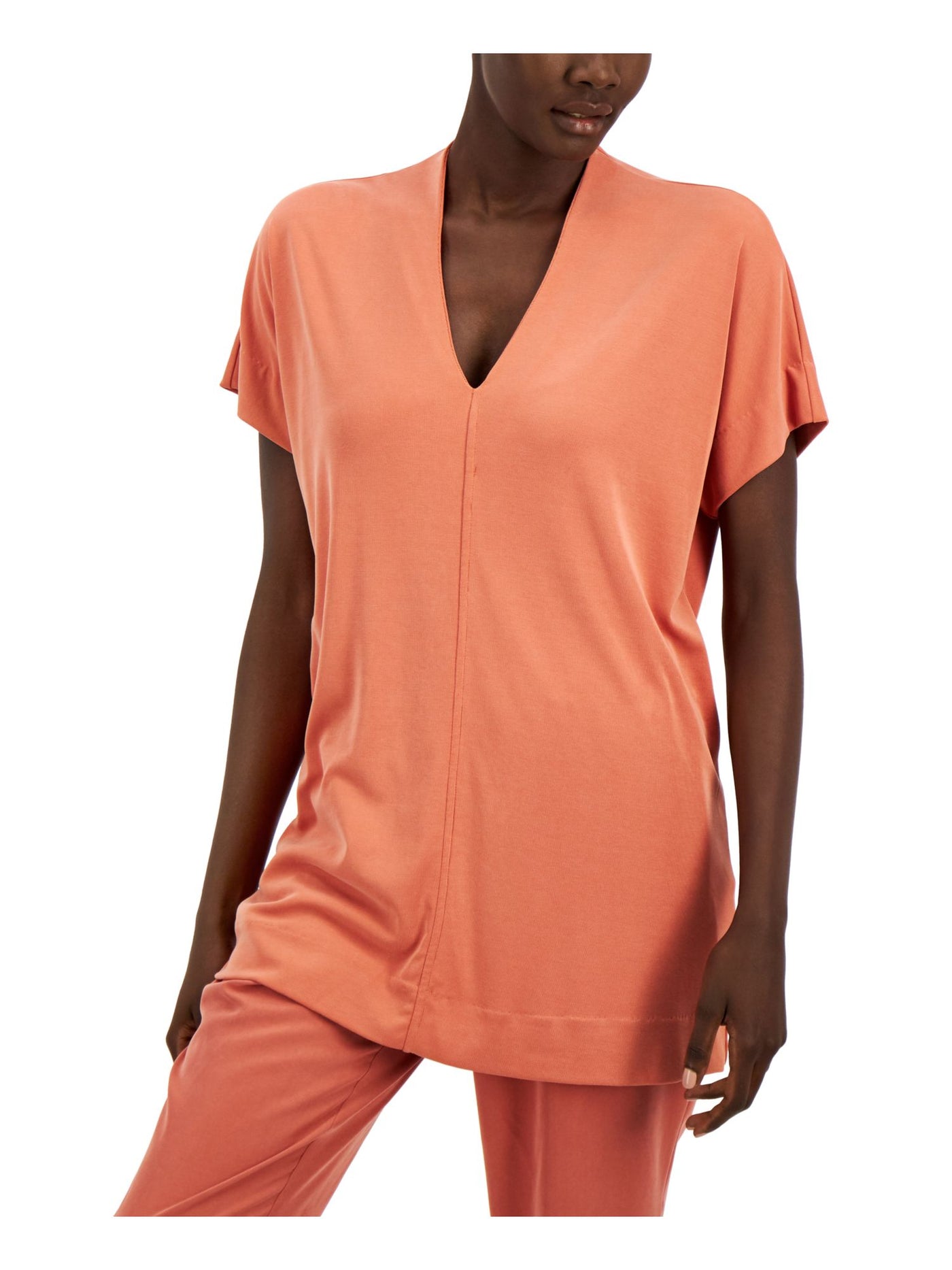 ALFANI Womens Orange Stretch Short Sleeve V Neck Top S