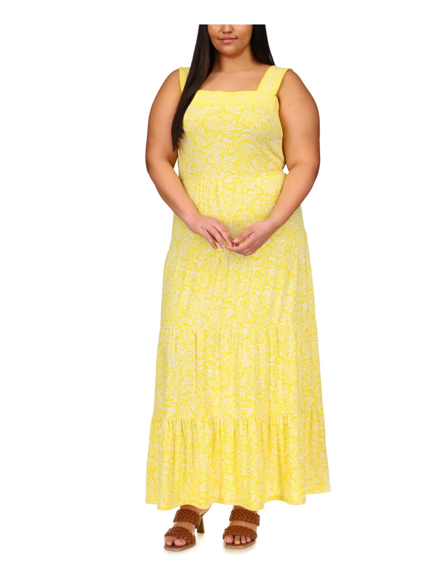 MICHAEL MICHAEL KORS Womens Yellow Knit Floral Sleeveless Square Neck Maxi Dress Plus 3X