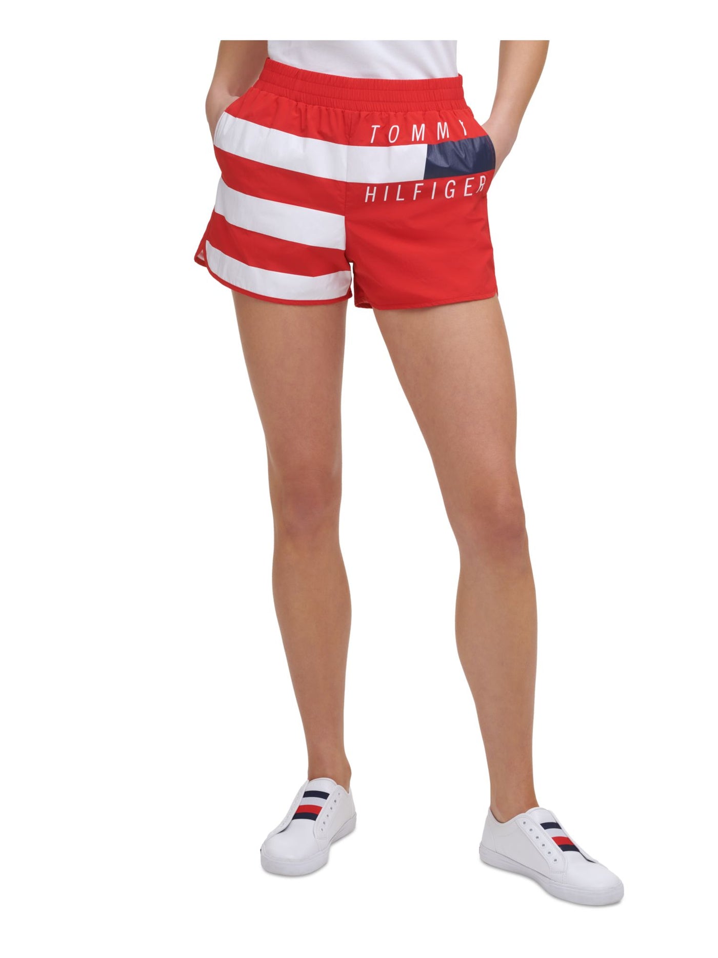 TOMMY HILFIGER SPORT Womens Red Stretch Pocketed Interior Briefs Elastic Waist Logo Graphic Active Wear Shorts S