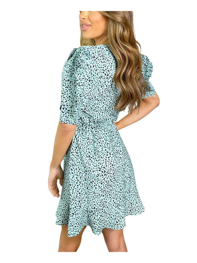 AX PARIS Womens Green Ruffled Zippered Unlined Darted Printed Pouf Sleeve Round Neck Short Fit + Flare Dress 4