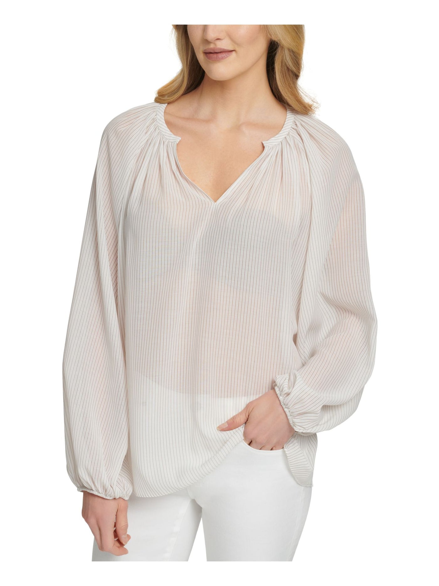 DKNY Womens Sheer Long Balloon Sleeves Split Peasant Top